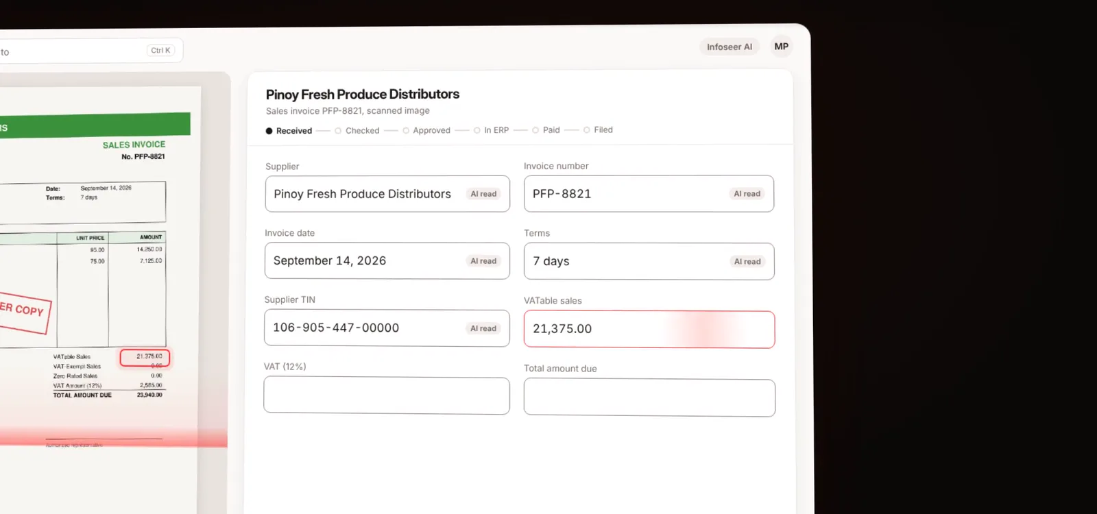 UBP for Accounting reading a scanned supplier invoice