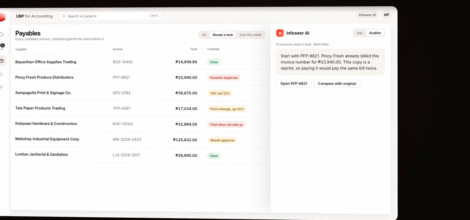 The payables list flagging a possible duplicate, VAT not at 12 percent, a 55 percent price change, a total that does not add up, and an invoice that needs approval, with Infoseer AI explaining which invoice to open first
