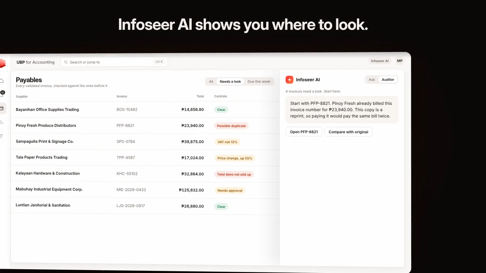 UBP for Accounting payables list flagging invoice issues, with Infoseer AI explaining which invoice to open first